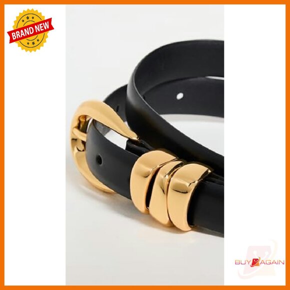 Chunky Metal Leather Belt, 1in Width, Polished Gold Hardware - Picture 5 of 6